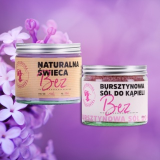 Wieczór w wannie: Bursztynowa Sól do kąpieli Bez + świeca Bez (250ml)